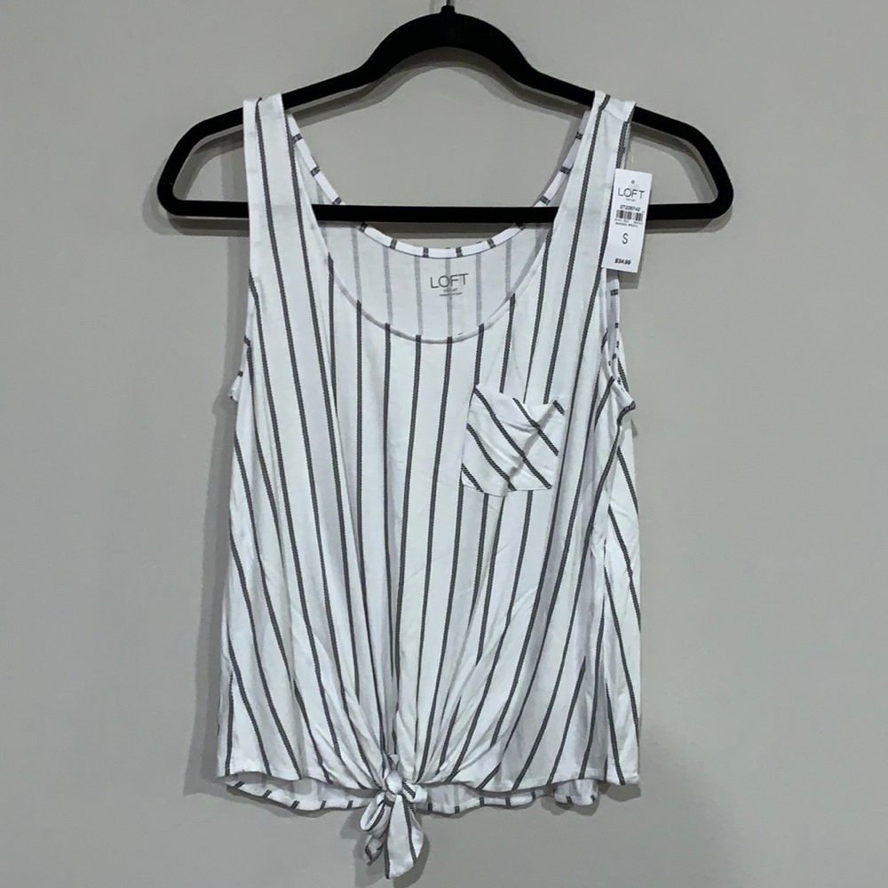 White/Black Stripe Tie Front Pocket Tank.